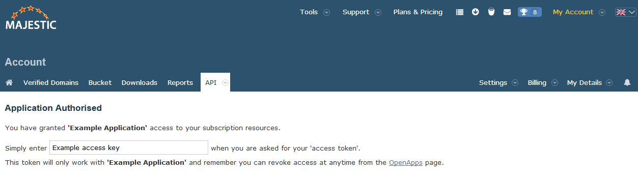 Unique Majestic OpenApps access token